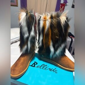 Bellini Chestnut Suede Boots with Multi-Color Fur Trim